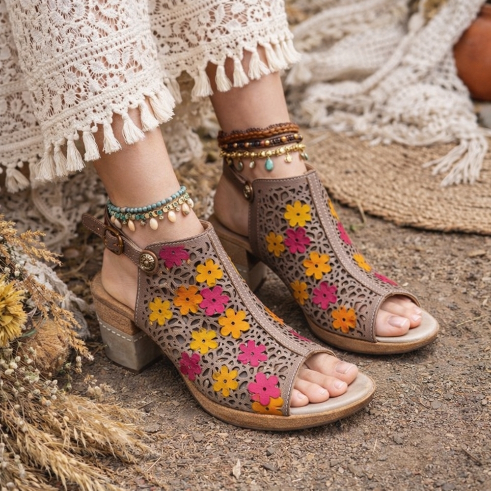 L’Artiste by Spring Step Floral Leather Ankle Strap Heels | Boho Cutout Flower